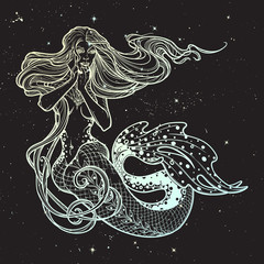 Beautiful mermaid girl sitting hand drawn artwork. Sensual and dangerous ocean siren in retro style. Sea, fantasy, spirituality, mythology, tattoo art, coloring books. Isolated vector illustration.