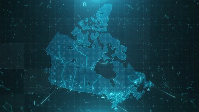 Canada map with an animation camera, glowing round connections in different places and other visual effects.