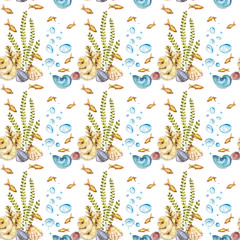 Hand drawn watercolor seamless corals pattern. Isolated on white background.