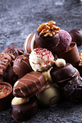 a lot of variety chocolate pralines, belgian confectionery gourm