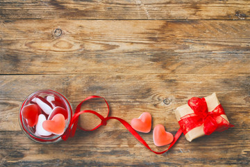 Red marmalade candy shape heart in glass jar, gift box
