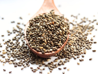 Chia seeds in wood spoon on a white background