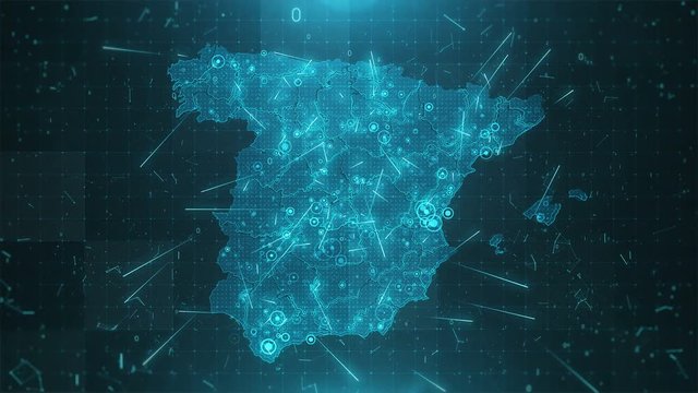 Spain map with an animation camera, glowing round connections in different places and other visual effects.