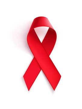 Aids awareness red ribbon. Realistic red ribbon, aids awareness symbol, isolated on white.  World Aids Day concept. Vector illustration