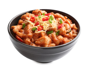 Bowl with delicious turkey chili on white background