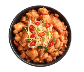 Bowl with delicious turkey chili on white background