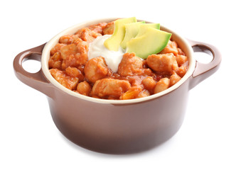 Casserole with delicious chili turkey on white background