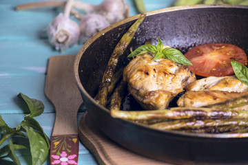 Fried chicken meat and asparagus