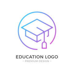 Education logo. Mortarboard, square academic cap, graduation hat icon. Premium design. Trendy linear style. Abstract concept. Simple round line icon. Modern vector logo