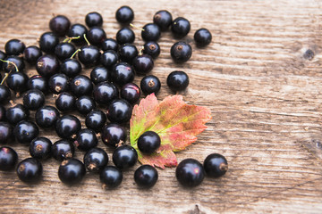Background of berries is black currant on a wooden table.