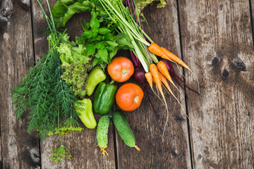 Background of fresh vegetables close-up. Cucumbers, fries, dill, parsley, beets, carrots, mint. Season harvesting.
