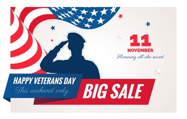 Happy Veteran Day sale banner. Holiday background with waving flag, soldier silhouette and sample text Thank you, Veterans. Vector flat illustration