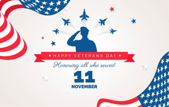 Happy Veteran Day flyer, banner or poster. Holiday background with waving flags, flying airplanes and soldier silhouette Thank you, Veterans. Vector flat illustration