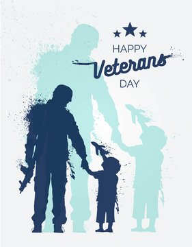 Happy Veteran Day flyer, banner or poster, silhouette of a soldier holding little boy hand. Soldier returning home after years of war. Vector illustration