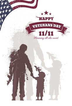 Happy Veteran Day flyer, banner or poster, silhouette of a soldier holding little boy hand. Soldier returning home after years of war. Vector illustration