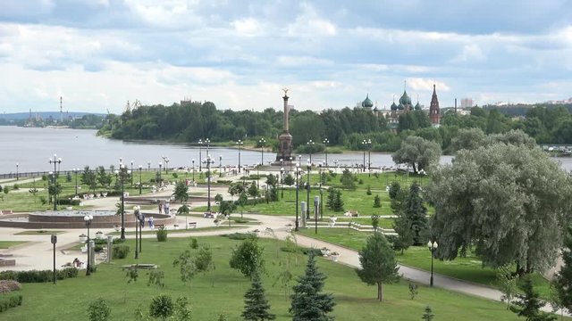 The view on the strelka of the rivers Volga and Kotorosl, cloud july afternoon. Yaroslavl