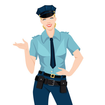 Vector illustration beautiful policewoman in uniform and hat isolated on white.