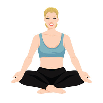 Vector illustration of young woman in yoga pose isolated on white background. Blonde woman in clothes for sport or fitness.