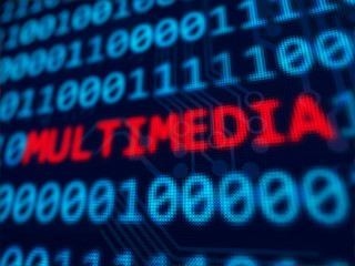 Multimedia red text on blue computer screen - 3D rendered with depth of field