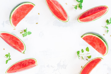 Watermelon frame. Sliced watermelon on white background. Flat lay, top view, copy space