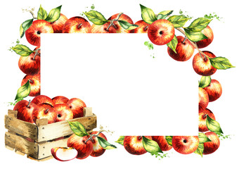 Red apples and leaves background. Watercolor hand-drawn template
