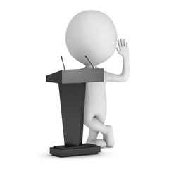 3d Speaker Podium and small man. Tribune Rostrum Stand with Microphones. 3d render isolated on white background. Debate, press conference concept