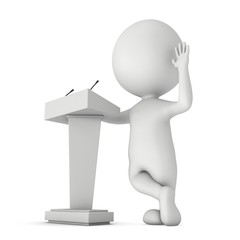 3d Speaker Podium and small man. Tribune Rostrum Stand with Microphones. 3d render isolated on white background. Debate, press conference concept