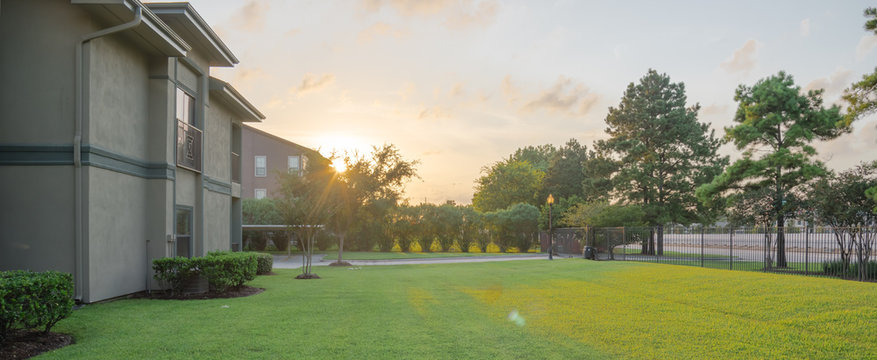 View from grassy backyard of a typical apartment complex building in suburban area at Humble, Texas, US. Dramatic sunset cloud with warm light, iron fence and row of pine trees. Panorama