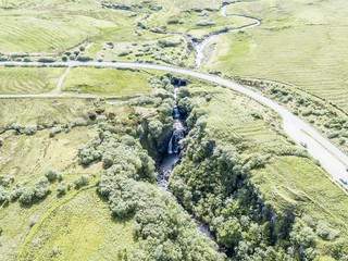 Aerial of the beautiful Lealt Falls - Isle of Skye - Scotland