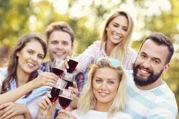Friends having barbecue party in backyard