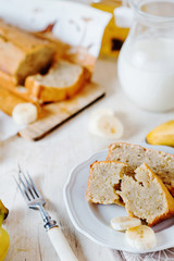 Sweets, desserts and pastries, banana bread or pcake with fresh fruits, milk and green tea on a light background
