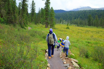 Obraz premium Hiking family in the siberian mountain forest