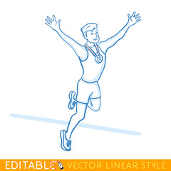 Runner is crossing of the finish line. Editable line sketch. Stock vector illustration.