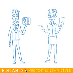 Successful business people. Modern office teamwork. Man is showing the book, woman holding tablet screen. Editable line sketch. Stock vector illustration.