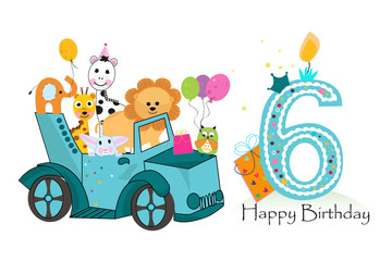 Sixth birthday car with animals background. Birthday greeting card