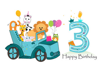 Third birthday car with animals background. Birthday greeting card