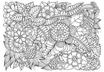 Coloring page of monochrome flowers for adult coloring book