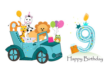 Fifth birthday car with animals background. Birthday greeting card