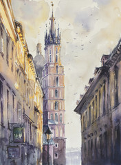 Fototapeta Florianska street in old town, Kracow, Poland with Miariacki Church in background.Picture created with watercolors. obraz