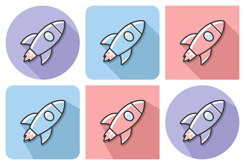 Outlined icon of space rocket  with parallel and not parallel long shadows