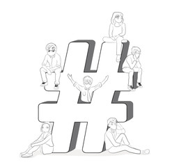 Hashtag concept illustration of young people using mobile tablet pc and smartphone for sending posts with hashtags and sharing in social media. Flat design of guys and women on the big hashtag symbol