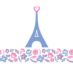 Fototapeta na wymiar Eiffel Tower, silhouette with heart. Floral ornament for Valentines day greeting card. Seamless border with simple hand drawn flower.