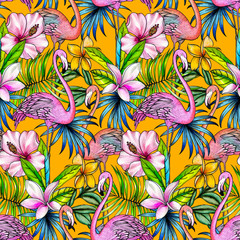 seamless pattern with tropical florals and flamingo.