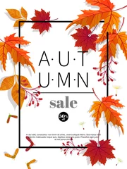 Poster Autumn sale vintage vector typography poster with autumn colour leaves. © teirin