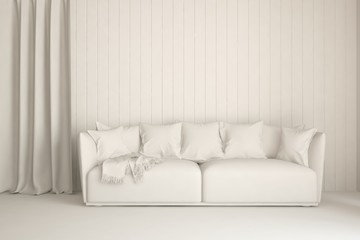 Inspiration of white room with sofa. Scandinavian interior design. 3D illustration