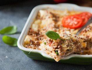 Meat lasagna made with minced beef bolognese sauce