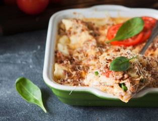 Meat lasagna made with minced beef bolognese sauce