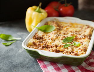 Meat lasagna made with minced beef bolognese sauce