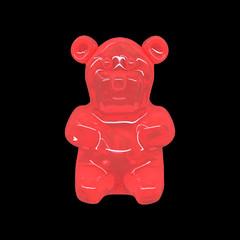 Red gummy bear candy, jelly bear isolated on black. 3D illustration