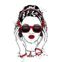 A beautiful girl in sunglasses and headphones. Vector illustration for a postcard or a poster, print for clothes. Fashion & Style.